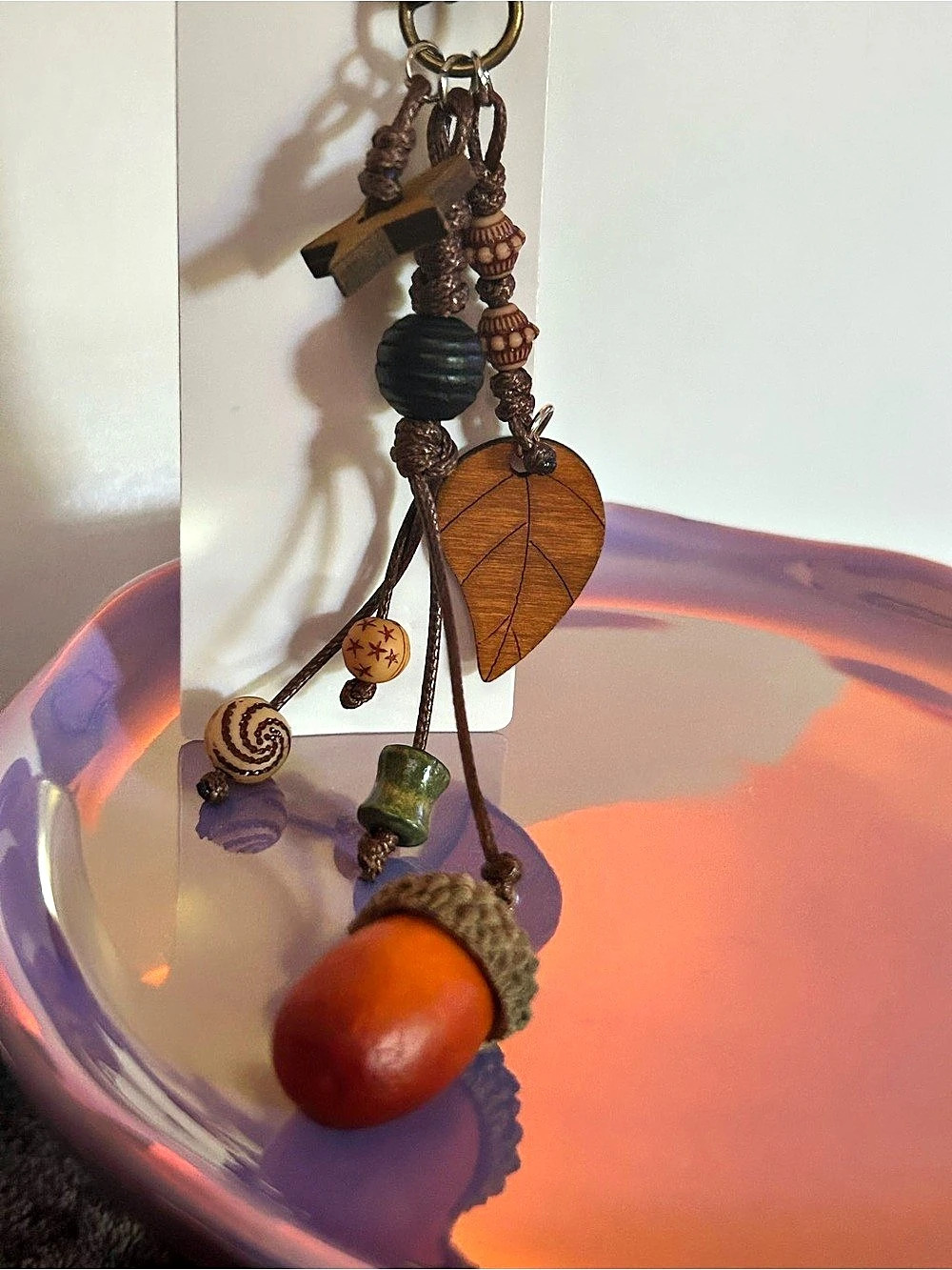 Beaded Acorn Leaf Keychain in Brown & Green